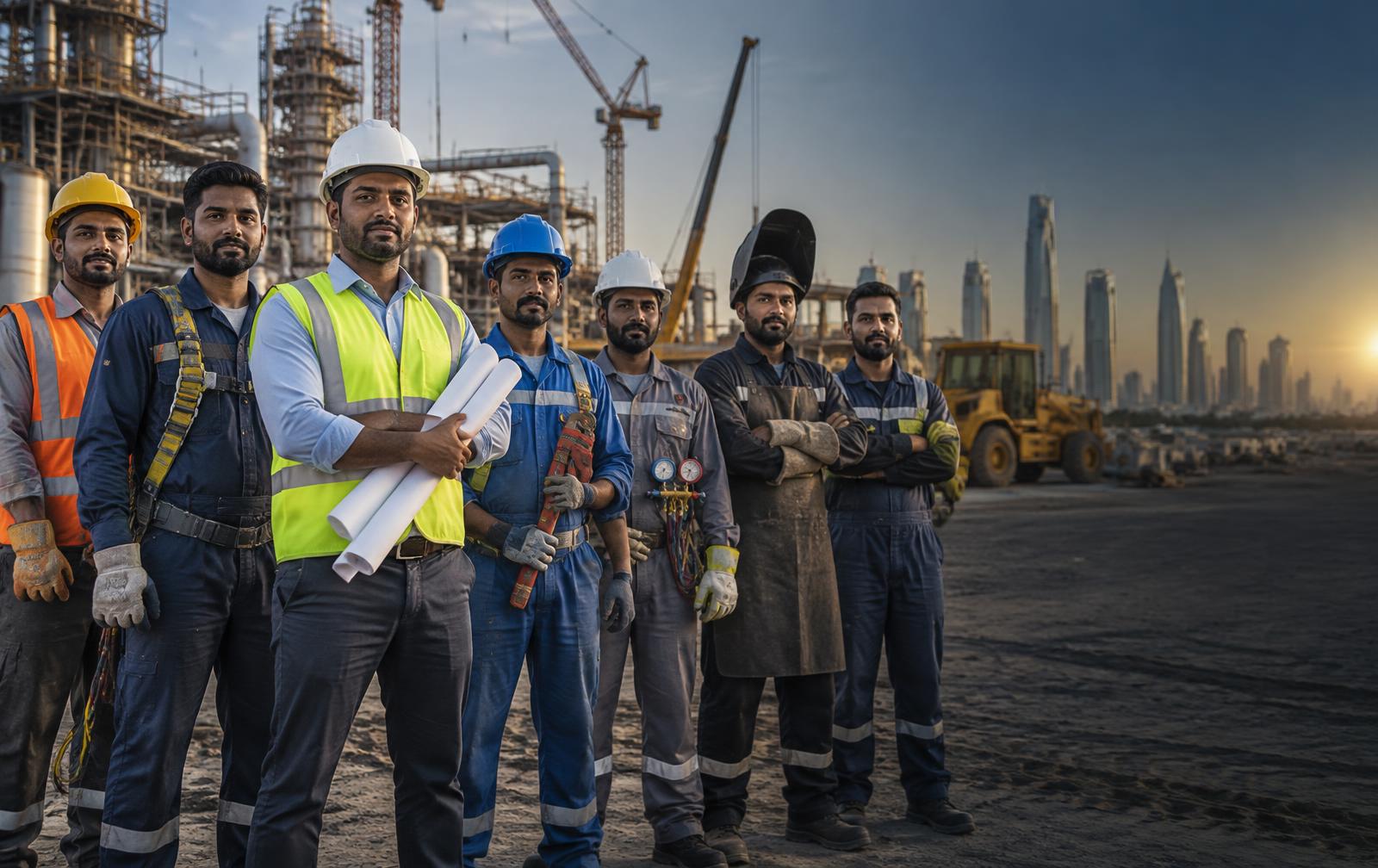 فريق عمالة هندية مهنية وفنية في مشروع خليجي